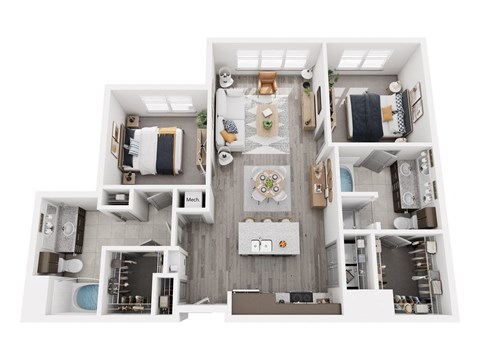 Floor plan for 2 beds, 2 baths, 1135 sqft